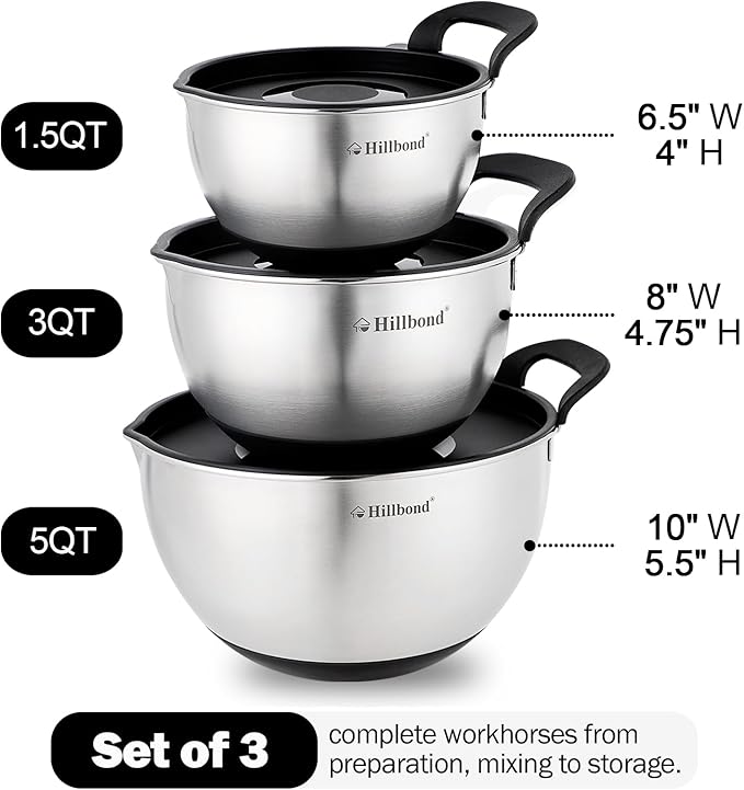 Hillbond Stainless Steel Bowls with Lids Set Mixing Bowls with Pour Spout, Silicone Handle and Non-Slip Bottoms for Baking, Metal Bowls Mixing Dishwasher Safe, Set of 3 (Black)