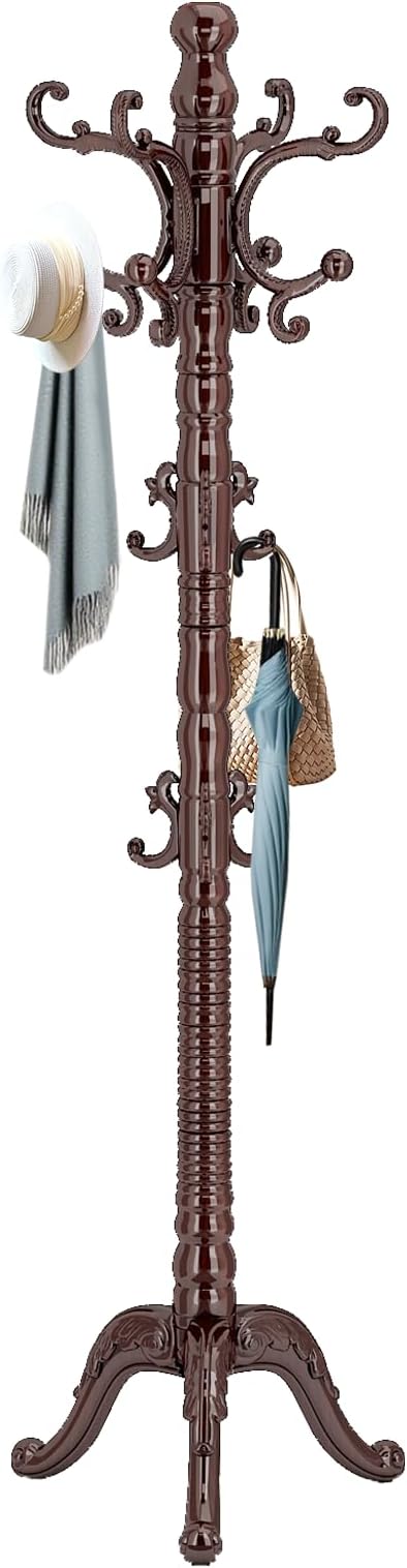 EZIVIEZ Wooden Coat Rack Stand, Solid Wood Freestanding Coat Rack, Vintage Coat Racks with 14 Hooks & Triangle Base, Standing Coat Hanger Jacket Tree Stand for Office, Entryway, Hallway