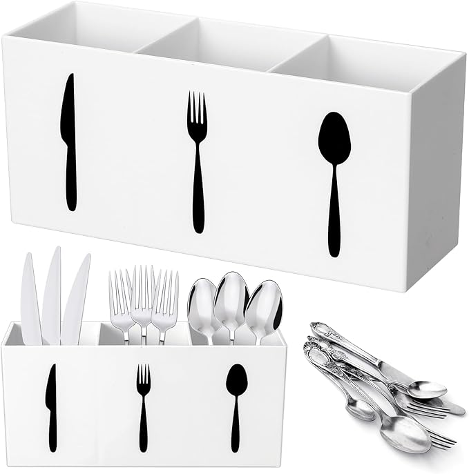 Suzile Acrylic Cutlery Storage Organizer Bin Silverware Caddy Countertop Knife Spoon and Fork Holder Kitchen 3 Section Tableware Storage Box for Cabinet Indoor Home Flatware Dining Room(White,L)