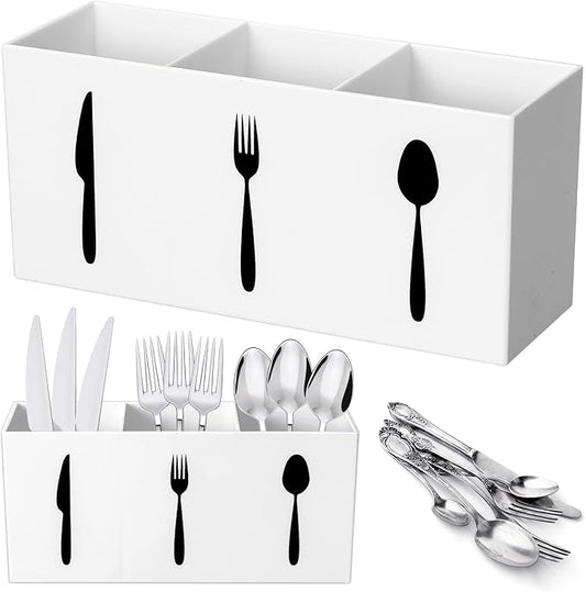 Suzile Acrylic Cutlery Storage Organizer Bin Silverware Caddy Countertop Knife Spoon and Fork Holder Kitchen 3 Section Tableware Storage Box for Cabinet Indoor Home Flatware Dining Room (White,M)
