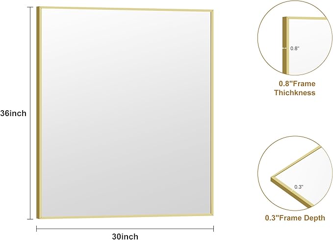 KOCUUY Gold Bathroom Mirror, 30"x36" Rectangle Bathroom Mirror for Wall, HD Tempered Glass, Anti-Rust Frame, Modern Design for Bathroom, Bedroom, Living Room, Entryway