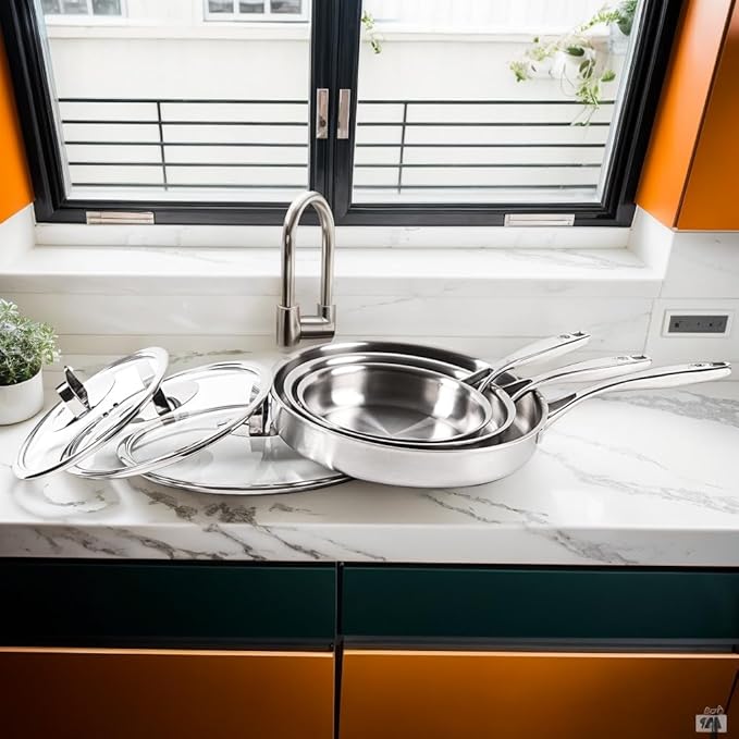 12 Inch Titanium Pan with Glass Lid - 0.5mm Pure Titanium + 1.4mm Aluminum Core | Coating-Free & PFOA-Free | Induction/Gas/Oven Safe to 500°F | Energy-Efficient Even Heating