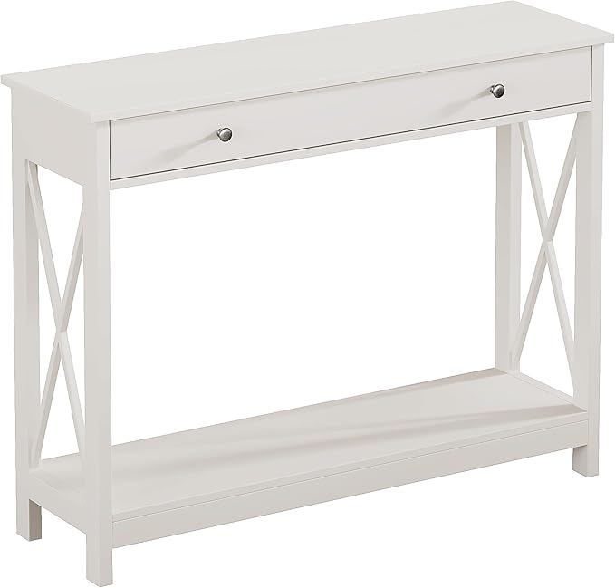Treocho White Console Table with Drawer and Storage Shelves, Foyer Sofa Table Narrow for Entryway, Living Room, Hallway