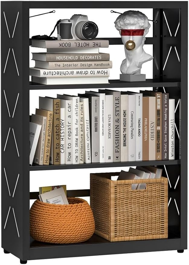 Metal Book Shelf, 3-Tier Adjustable Bookcase with Anti-Tip Kit & Leveling Feet, Heavy-Duty Metal Storage Organizer, Modern Corner Shelves for Bedroom, Garage, Home Office