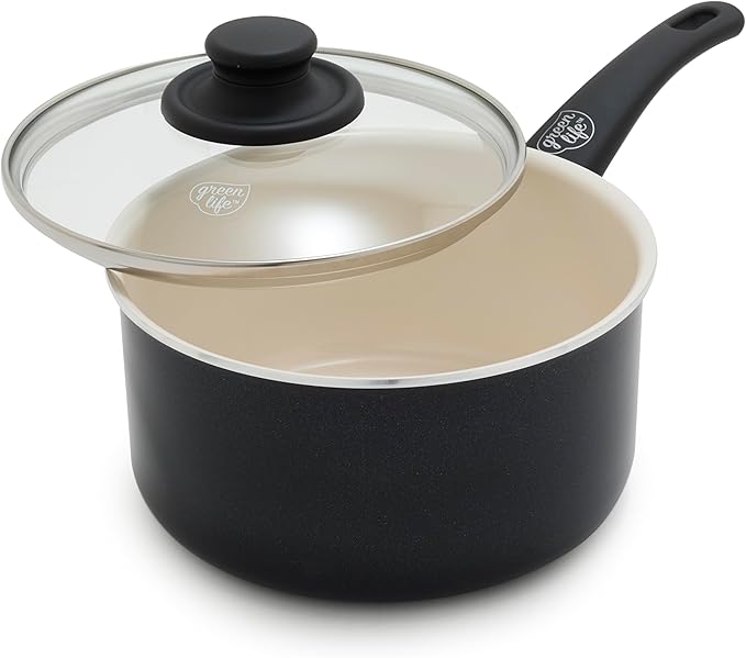 GreenLife 2QT Nonstick Saucepan with Glass Lid, Soft Grip, PFAS-Free Ceramic, Multipurpose Chef Pan, Milk & Sauce Cooking Pot, Dishwasher & Oven Safe to 350˚F, Stay-Cool Handle, Black