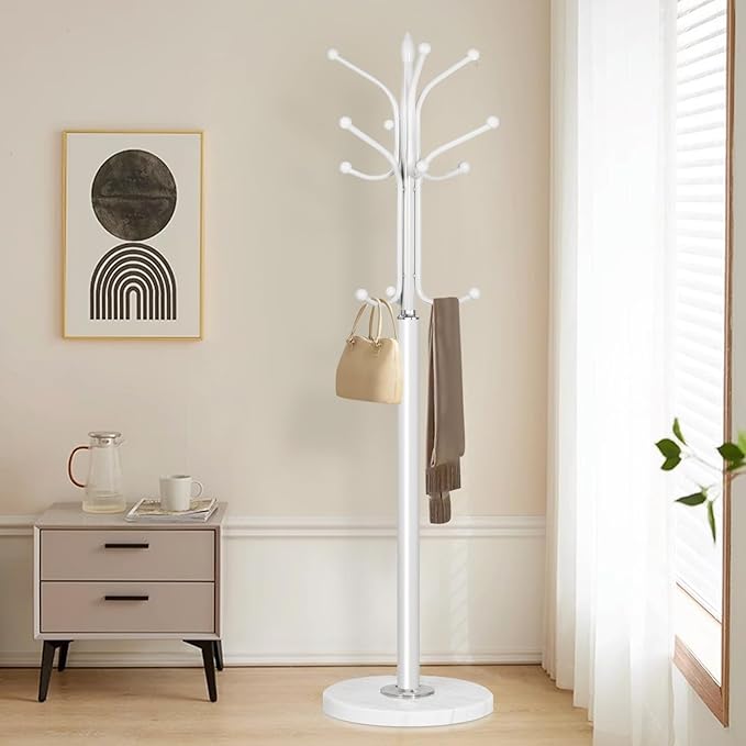 Metal Coat Rack Stand with Natural Marble Base, Coat Rack Freestanding, Free Standing Hall Tree with 12 Hooks for Hanging Clothes, Bags, Scarfs, Coat Hanger for Entryway, Hallway (White)