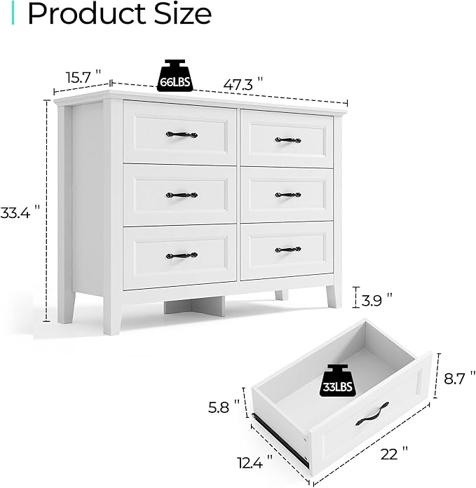 LINSY HOME Dresser for Bedroom, 6 Drawer Dresser with Metal Handles, Chest of Drawers for Living Room, Entryway and Hallway, White
