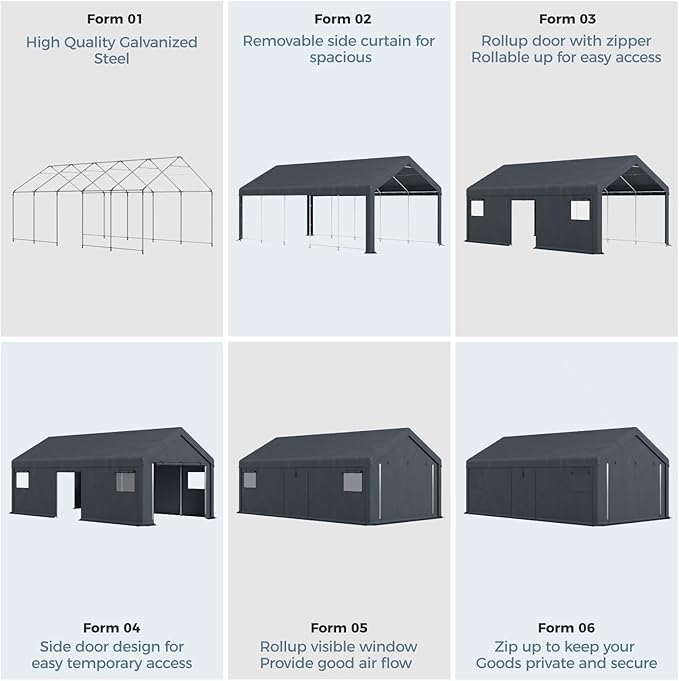 GREEN PARTY Carport, 13'x24' Extra Large Heavy Duty Carport with Roll-up Windows, Waterproof & 12 Legs Car Canopy Portable Garage Shelter with Removable Sidewalls & Doors for Car, Truck, SUV, Boat