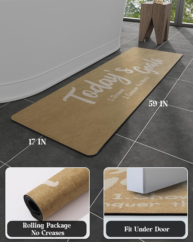 MontVoo -Bath Mat Rug- Non Slip Quick Dry Absorbent Thin Bathroom Rugs Fit Under Door-Faux Suede Surface Bathroom Floor Mats-Shower Rug for in Front of Bathtub Shower 17 X59 Camel Text Pattern