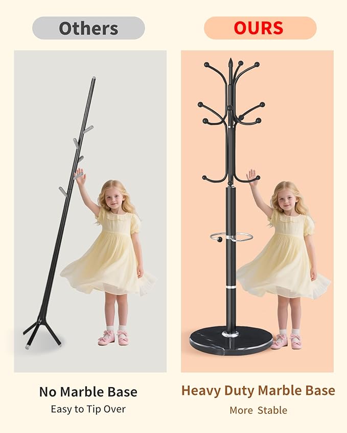 Metal Coat Rack with Natural Marble Base, Coat Rack Stand with 12 Hooks & Umbrella Holder, Black Modern Freestanging Coat Racks, Coat Jacket Hanger Tree Stand for Corner Entryway Office