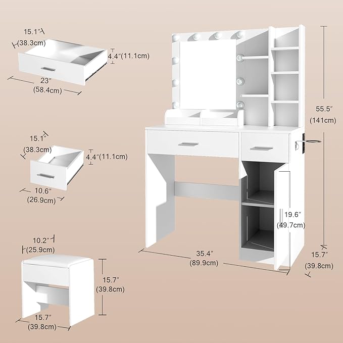 Vanity Mirror with Lights Desk and Chair: Make up Vanity with Mirror and Lights, Vanity Dresser with Drawers and Stool, for Bedroom Dressing Room (White)
