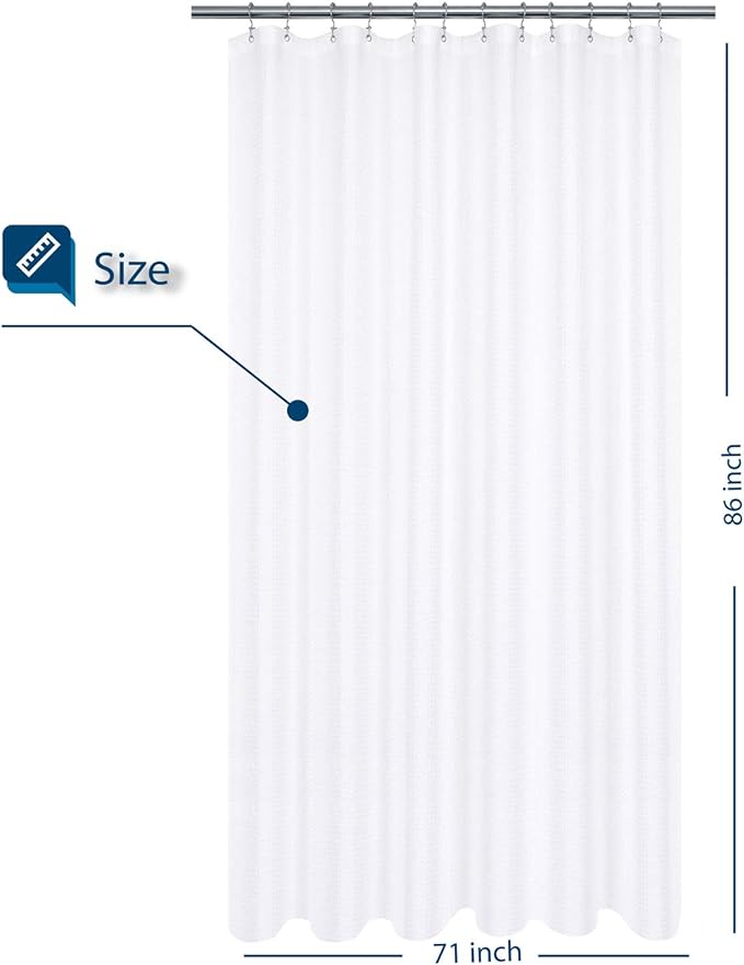 Extra Long Shower Curtain with 86 inch Height, Fabric, Waffle Weave, Hotel Luxury Spa, Water Repellent, Machine Washable, 230 GSM Heavyweight, White Pique Pattern Decorative Bathroom Curtain