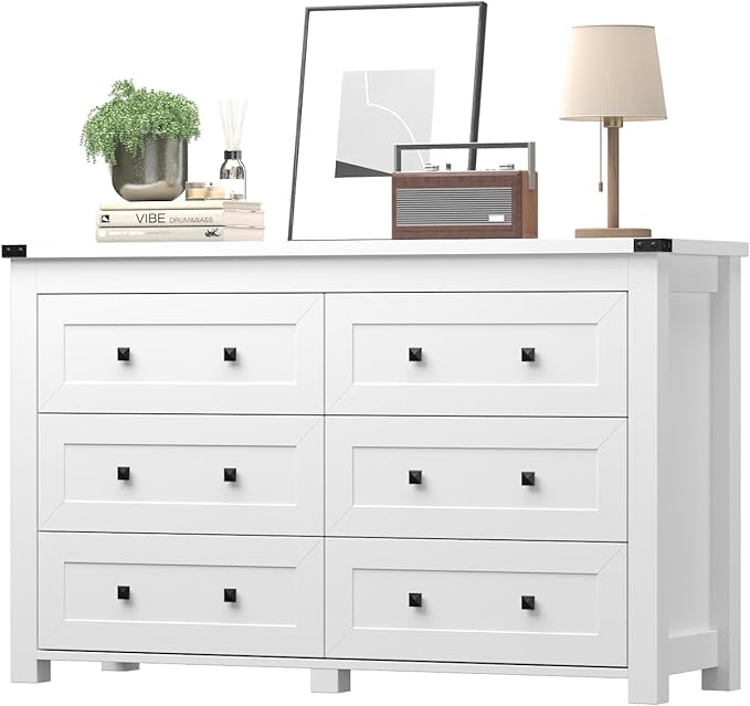 White Dresser for Bedroom, 47.3" Modern Dresser for Closet TV Stand, 6 Drawer Wood Dressers & Chest of Drawers with Black Knobs, Wide Closet Storage Organizer for Living Room, Hallway
