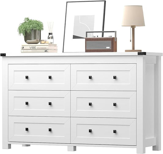 White Dresser for Bedroom, 47.3" Modern Dresser for Closet TV Stand, 6 Drawer Wood Dressers & Chest of Drawers with Black Knobs, Wide Closet Storage Organizer for Living Room, Hallway