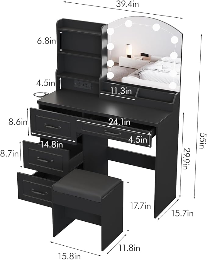 Makeup Vanity Table with Lighted Mirror & Power Strip, Vanity Set with Hair Dryer Rack, Lots Storage, 3 Lighting Modes, Brightness Adjustable, Black