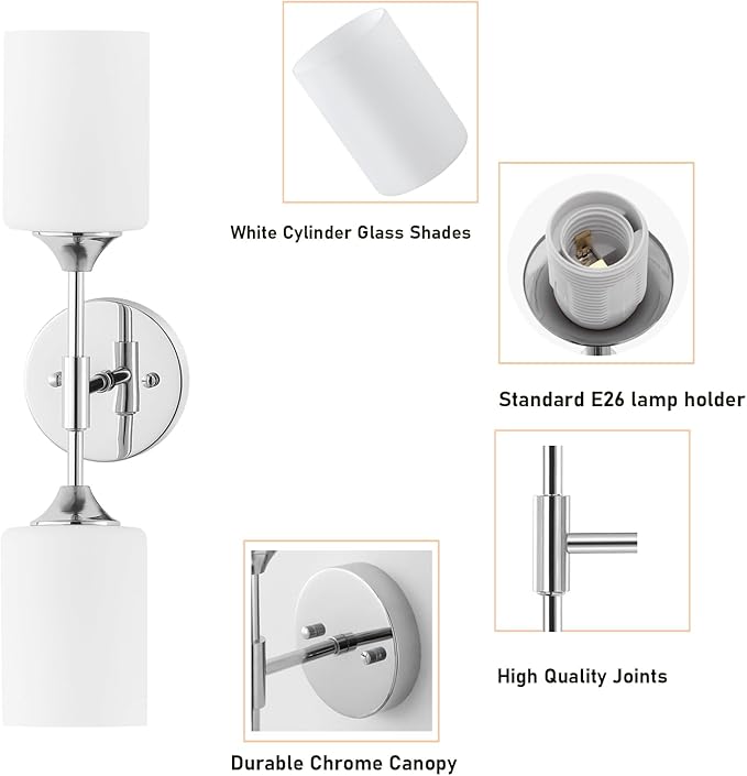 2-Lights Modern Wall Sconce White Cylinder Glass Shades Mid Century Bathroom Vanity Wall Light Fixtures Industrial Wall Lamp for Bedroom Mirror Living Room Restaurant(Chrome Color)