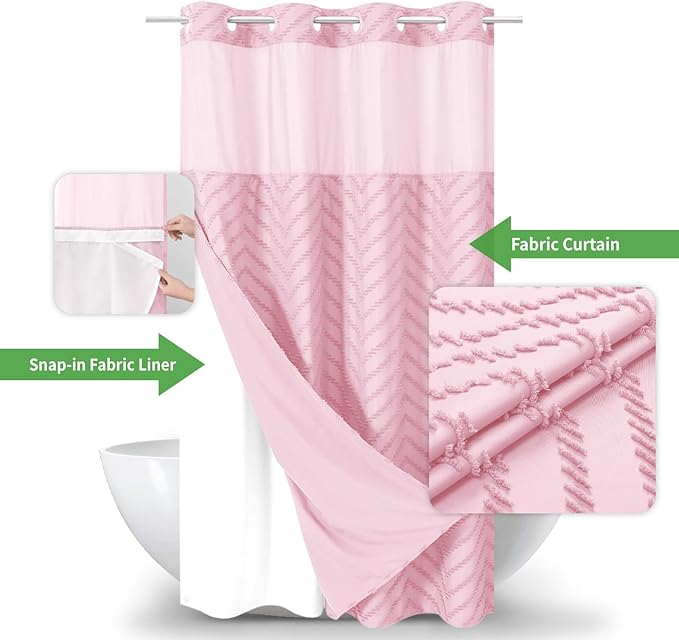 Stall No Hook Boho Farmhouse Shower Curtain with Snap-in Fabric Liner set-54Wx80H(78H),Pink Tufted Chevron Striped Hotel Grade Cloth Shower Curtains for Bathroom,Water Repellent