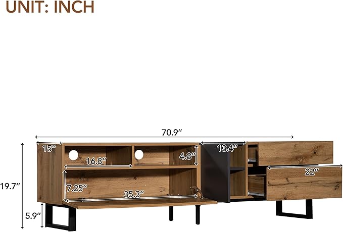 Merax Modern TV Entertainment Center with 3 Cabinets & Open Shelves, Wood TV Stand for TVs Up to 80” for Living Room Bedroom (Wood Color)