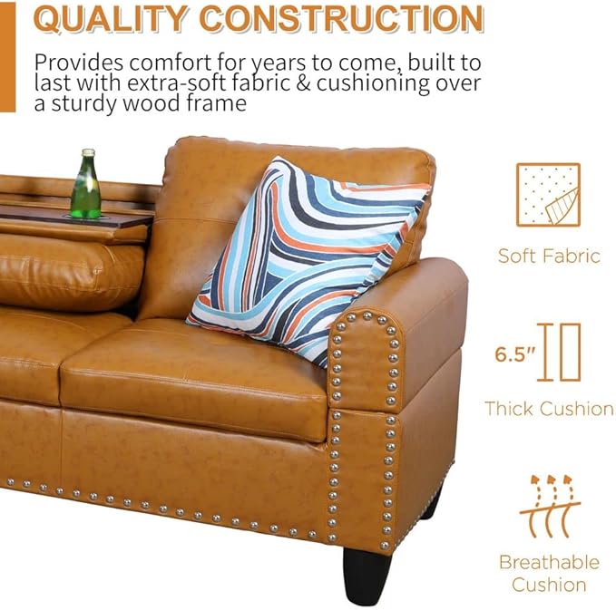 L Shaped Sectional Couch with Storage Ottoman, Modern Nailhead Comfy Lounge Sofa with Reversible Cup Holder & Chaise, 97" 4 Seat Modular Sofá for Living Room Apartment, Ginger