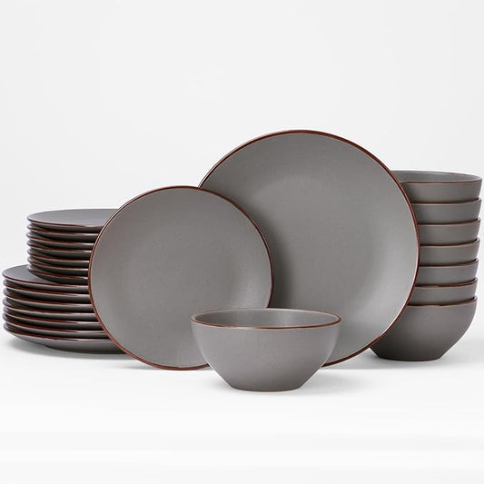Famiware Venus Ceramic Plates and Bowls Sets, Speckled Dinnerware Dish Sets for 8 (24 Pieces) - Microwave and Dishwasher Safe, Matte Dark Grey