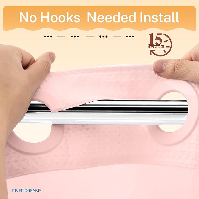 No Hooks Required Dotted Pink Shower Curtain with Snap in Liner - 71" W x 74" H,Hotel Grade,Spa Like Bath Curtain