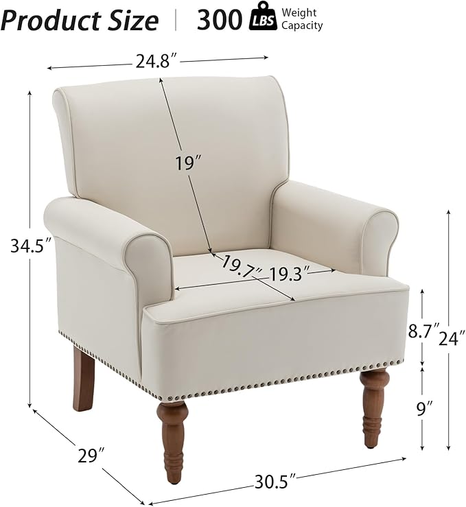 Accent Chair, Faux Leather Living Room Chairs with Nailhead Trim, Mid-Century Lounge Armchair with Solid Wood Legs, Comfy Reading Single Sofa for Bedroom, Waiting Room (White, 1 Chair)
