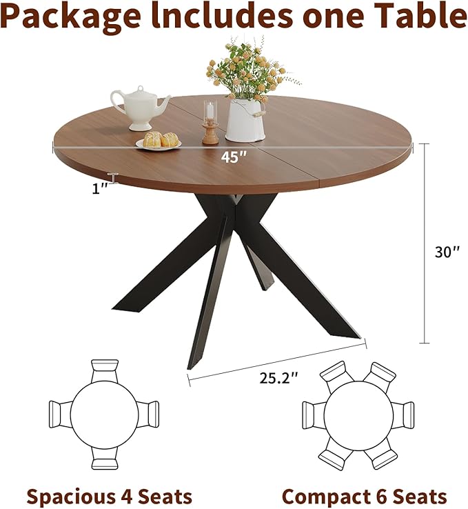 45.3" Round Walnut Dining Table for 4 – Mid-Century Modern Pedestal Table for Kitchen, Dining Room, Small Apartment or Breakfast Nook