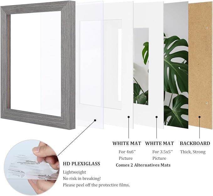 Egofine 5x7 Picture Frame Made of Solid Wood with Plexiglass, Display Pictures 3.5x5/4x6 with Mat or 5x7 Without Mat for Tabletop and Wall Mounting, Oak Grey