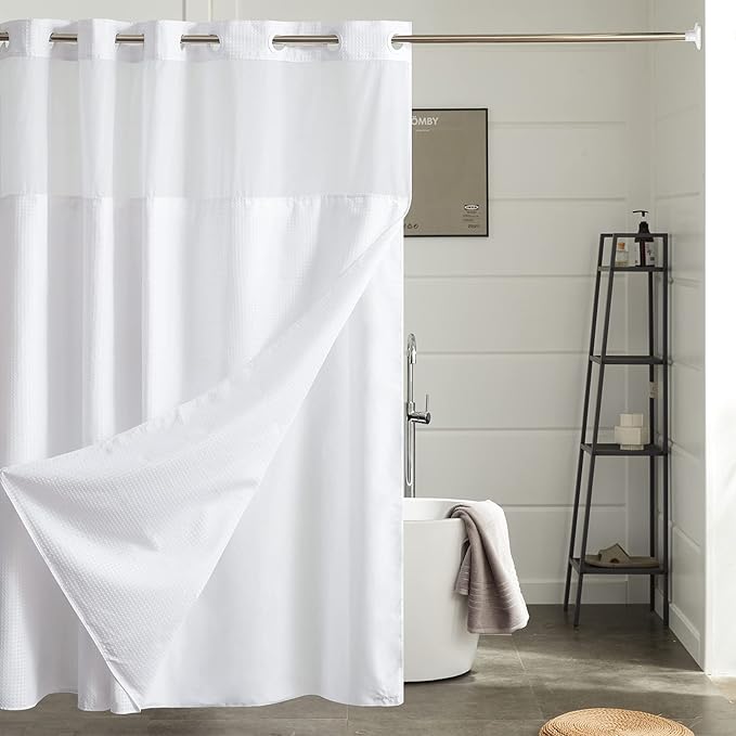 Furlinic Stall Shower Curtain No Hook with Snap in Liner,Waffle Weave Waterproof Bathroom Curtains with See Through Top Window & Weighted Magnets,White,36x72 Inch
