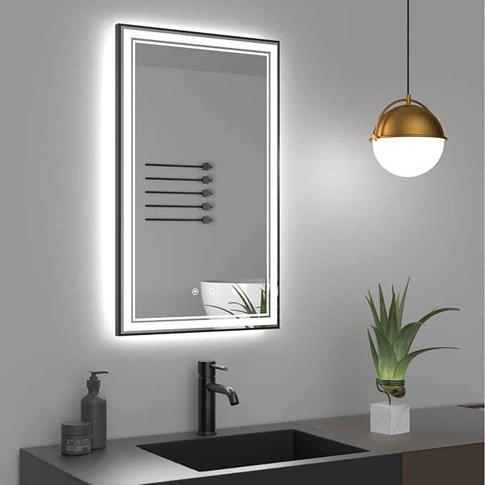 30" x 18" LED Bathroom Mirror with Lights Framed LED Mirror for Bathroom Backlit and Front Lighted Bathroom Mirror Black Square Aluminum Frame Anti-Fog Dimmable Vanity Shatter-Proof
