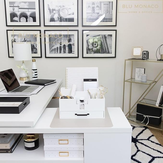 BLU MONACO White Wood Desk Organizer with Drawer – Home Office Accessories for Women – Compact Desktop Storage Solution