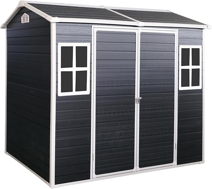 8x4 FT Outdoor Storage Shed, Resin Garden Shed with Thick Floor, Plastic Storage Shed with 2 Windows, Waterproof Outside Tool Shed with Lockable Hinged Doors for Backyard, Patio, Lawn, Black