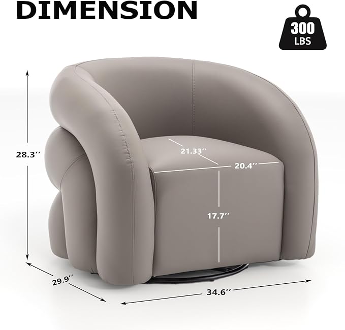 34.6" W Swivel Accent Chair, Modern Round Faux Leather Armchair for Living Room,Upholstered Comfy Sofa Chairs for Bedroom Reading Apartment Lounge,Fully Assembled(Grey)