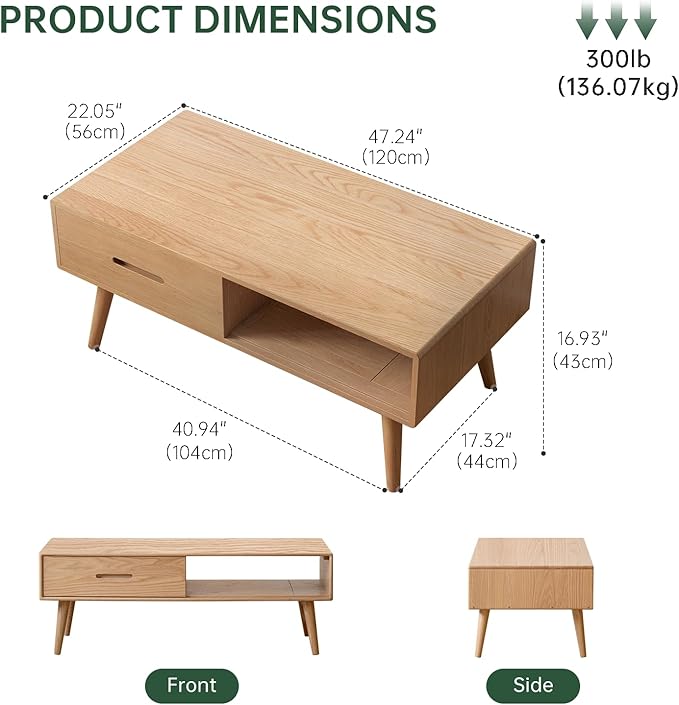 100% Solid Wood Coffee Table for Living Room, Living Room Table with Shelf Storage and 2 Drawers, Mid Century Modern Table,Oak Coffee Table for Home (Natural Colour, 47.24'' W)