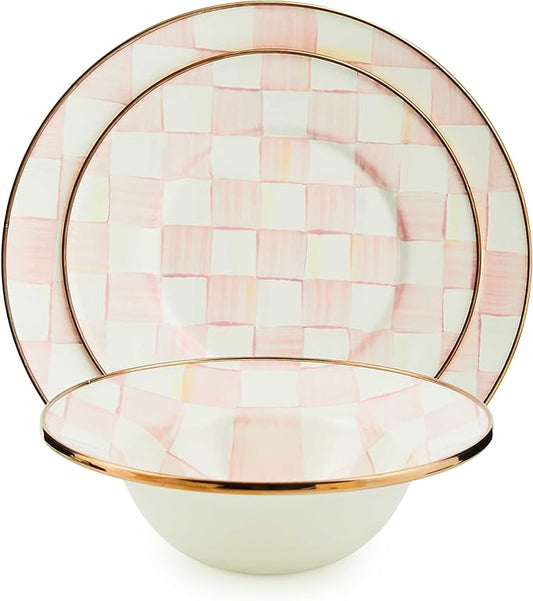 MACKENZIE-CHILDS Enamel Dinner 3-Piece Set, 10-Inch Round Serving Plate, 8-Salad/Dessert Plate, Breakfast Bowl, Rosy Check