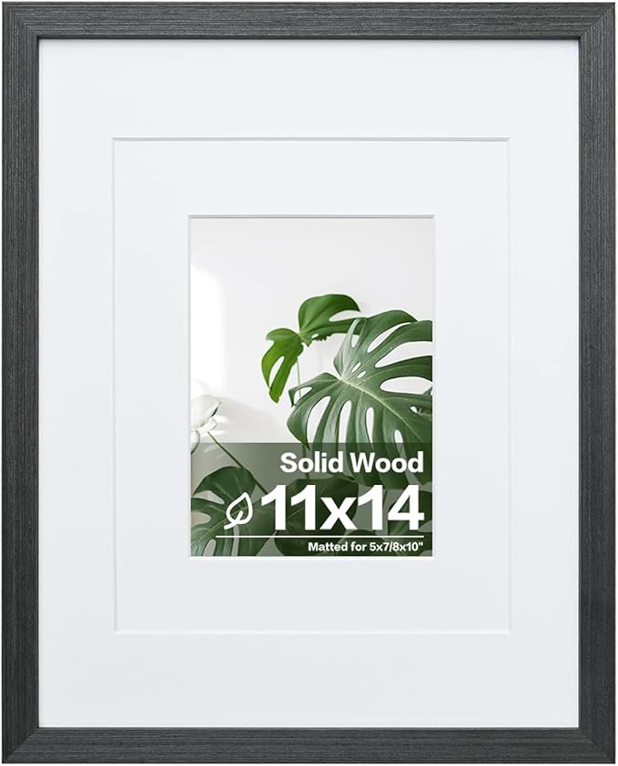 Egofine 11x14 Picture Frame Made of Solid Wood with Plexiglass, Display Pictures 5x7/8x10 with Mat or 11x14 Without Mat for Tabletop and Wall Mounting, Rustic Black