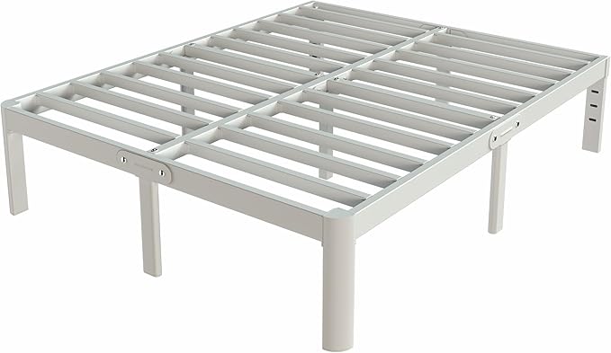 White Full Size Bed Frame 16 Inch, Metal Full Bed Frame No Box Spring Needed, Heavy Duty Steel Support 3500 LBS, DIY Headboard, Noiseless, Round Corner Legs, Storage Space, Easy Assembly