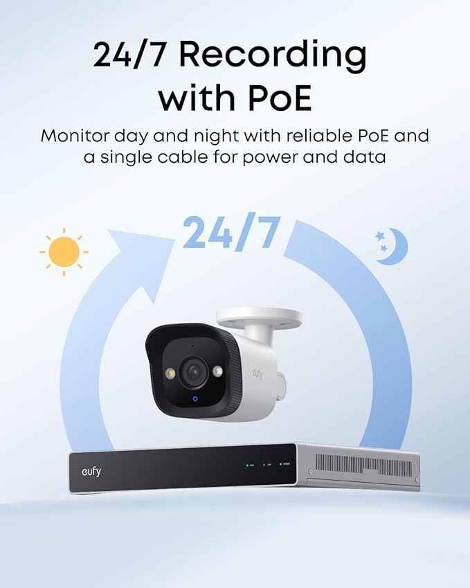 eufy PoE Bullet Security Camera E40, NVR Add On Cam, 4K UHD, 122° FOV, F1.6 Color Night Vision, 24/7 Recording, Human/Vehicle/Pet AI Detection, Red and Blue Strobe, Plug and Play