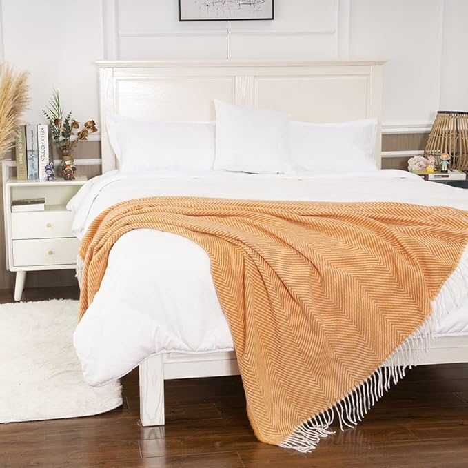 Gealaek Decorative Herringbone Faux Cashmere Throw Blanket Orange Cheveron Fringe Lightweight Fuzzy Soft Cozy Throws for Sofa Bed Farmhouse Throw Blanket 50" x 60"