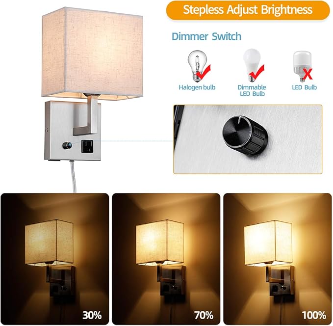 Plug in Wall Sconce, Bedside Wall lamp with Plug and dimmable Switch, with USB Charging Port and Socket, Suitable for Hotel, Corridor, Living Room and Bedroom Wall Light (Nickel)