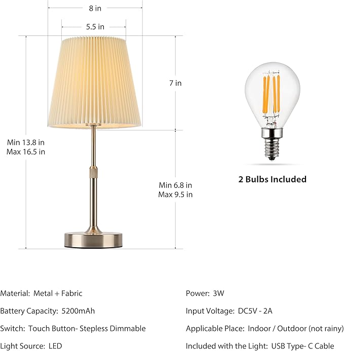 Cordless Table Lamp, 2700K Stepless Dimmable Wireless Touch Lamp with 2 Bulbs, 5200mAh Rechargeable Battery Operated Lamps for Living Room, Kitchen, Bedside, Dining Room, Bar(Silver)