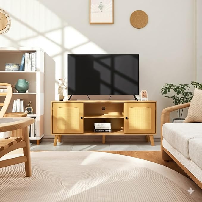 Mid Century Modern Rattan TV Stand for 60" TV - Boho Entertainment Center with 2 Natural Rattan Doors for Living Room, Oak