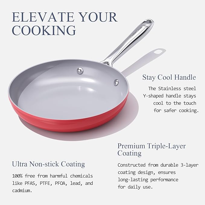 Nonstick Ceramic Frying Pan 8 Inch for Induction Cooktop - Non Toxic, PTFE/PFOA/PFAS Free, Oven & Dishwasher Safe up to 500°F - Non Stick Egg Skillet with Stay-Cool Handle - Fusion Red