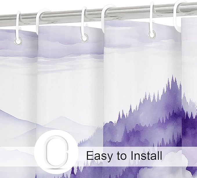 Purple Small Stall Misty Pine Forest Shower Curtain 36 x 72, Mountain Foggy Woodland Scenery Tree Narrow Half Size Shower Curtains for Bathroom, Abstract Waterproof Nature-Themed Decor