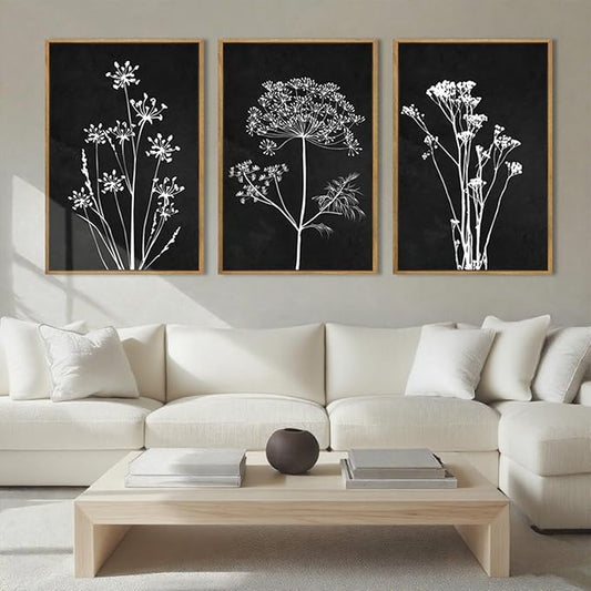 BINCUE Framed Botanical Wall Art Black Grey and White Plant Floral Print Canvas for Living Room Bedroom Office 3 Panel 16x24 Inches