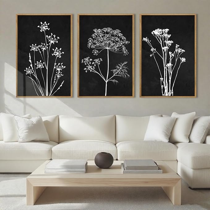 BINCUE Extra Large Framed Black and White Wall Art Floral Wall Decor Botanical Paintings for Living Room Bedroom Bathroom 24x36 Inch 3 Piece