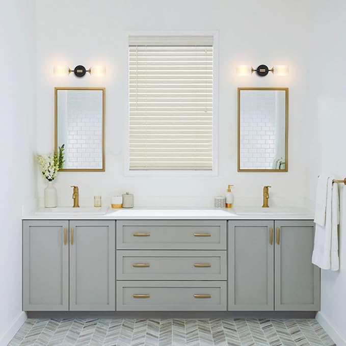 Industrial Mid Century Wall Sconce 2-Lights with White Cylinder Glass Shades Modern Bathroom Vanity Wall Lamp Matte Black and Gold Brushed Brass Finished Wall Light Fixture