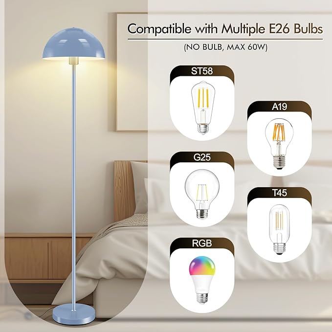 Floor Lamp, Industrial Blue Floor Lamps for Living Room, 65.6in Standing Lamp, Retro Mushroom Dome Shade, Whole Metal, E26 Socket, Mid Century Modern Floor Lamp for Bedroom/Office,No Bulb