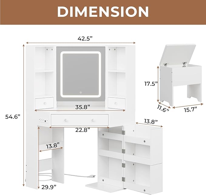 Vanity Desk with Mirror Lights, Storage Bench & Power Outlet, Corner Vanities with Rotating Cabinet & Drawers, 42.5" L Shaped Vanity Set, 3 Light Settings, for Women Girls, Modern White