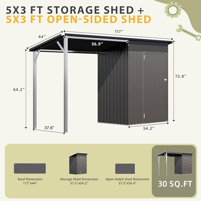 AECOJOY Outdoor Open-Sided Metal Storage Shed, 3x5 Sheds & Outdoor Storage with 15 Sq. Ft Covered, 5' x 3' Small 2-in-1 Tool Shed with Attached Hardtop Metal Pergola Gazebo